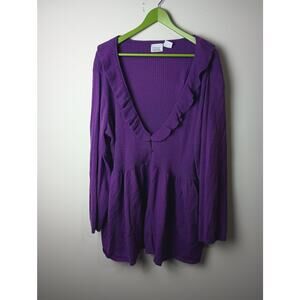 Vtg Women's Purple Cardigan Ruffle Long sleeve Knit Warm Cozy Size 3X